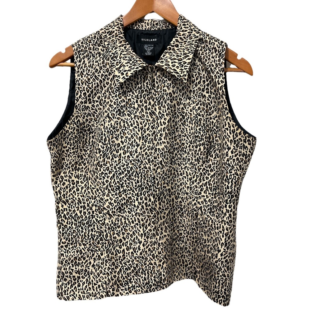 Silkland 100% Pure Silk Animal Print Cheetah Leopard Zippered Vest Size Large